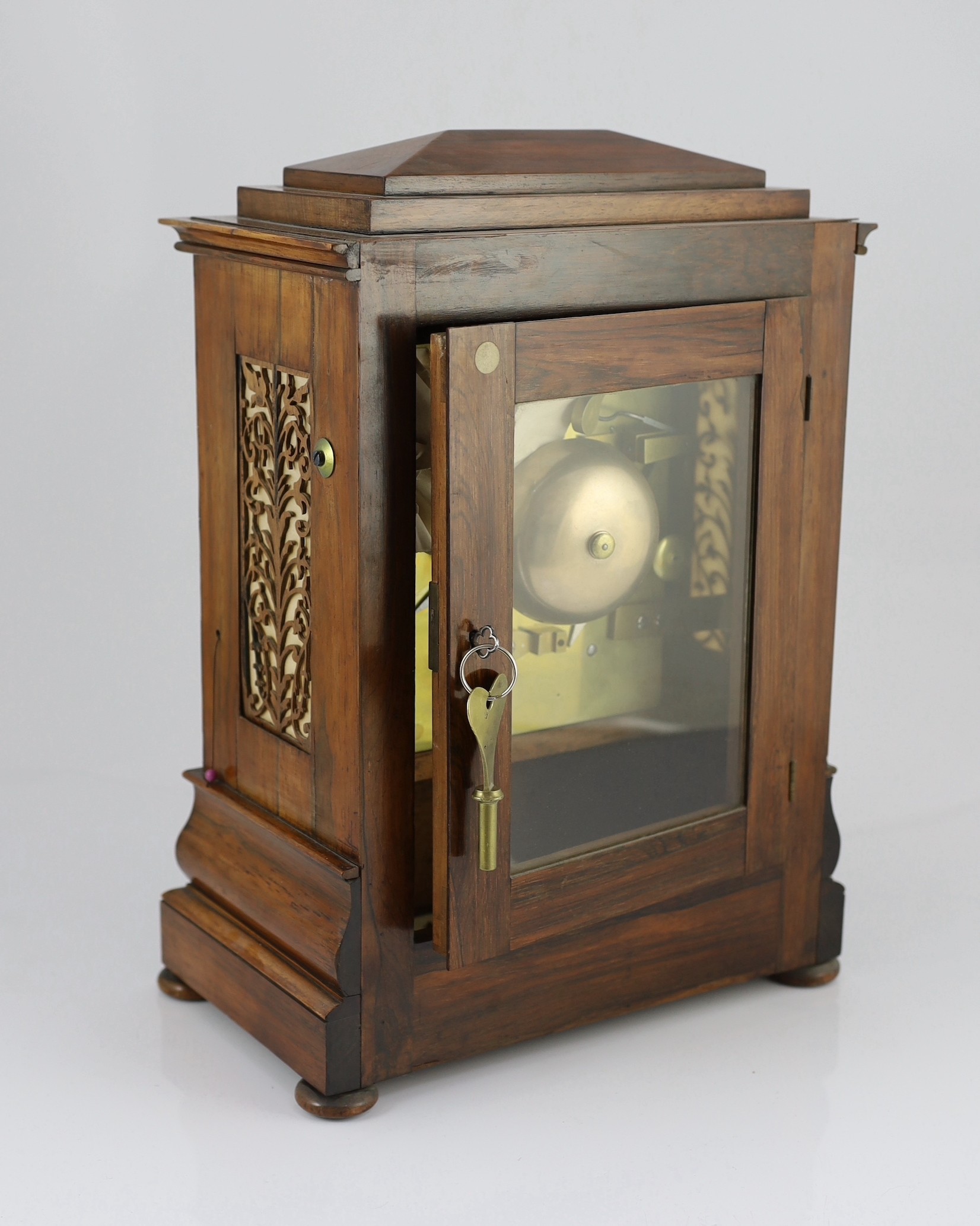 J.J. Harris of London. A Victorian rosewood hour repeating bracket clock, 30cm wide, 17cm deep, 42cm high